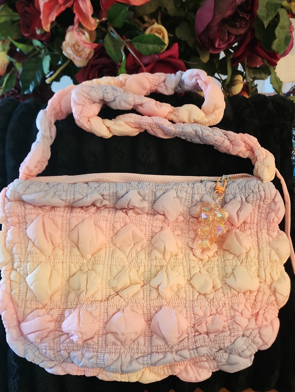 Pastel Pink Quilted Shoulder Bag with Crystal Charm